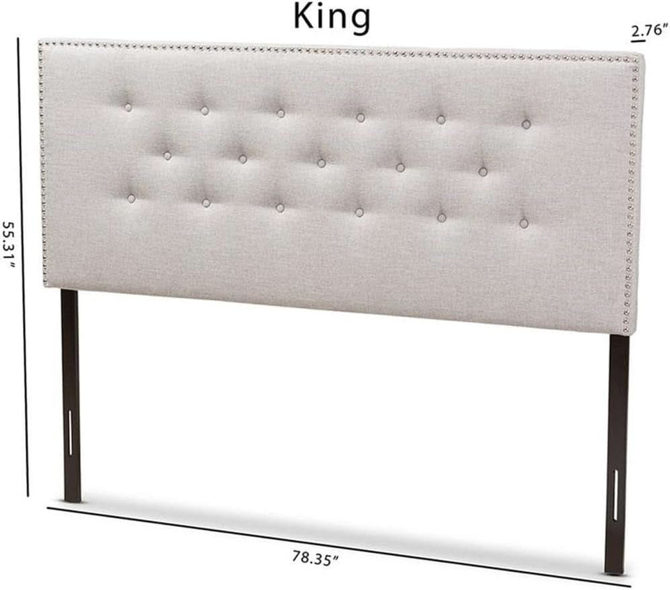 Elegant Tufted King Headboard in Grayish Beige Fabric