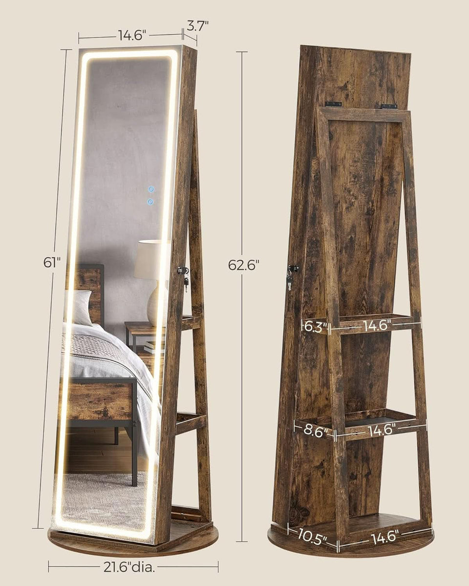 Rustic Brown LED Mirror Jewelry Cabinet Armoire Lockable