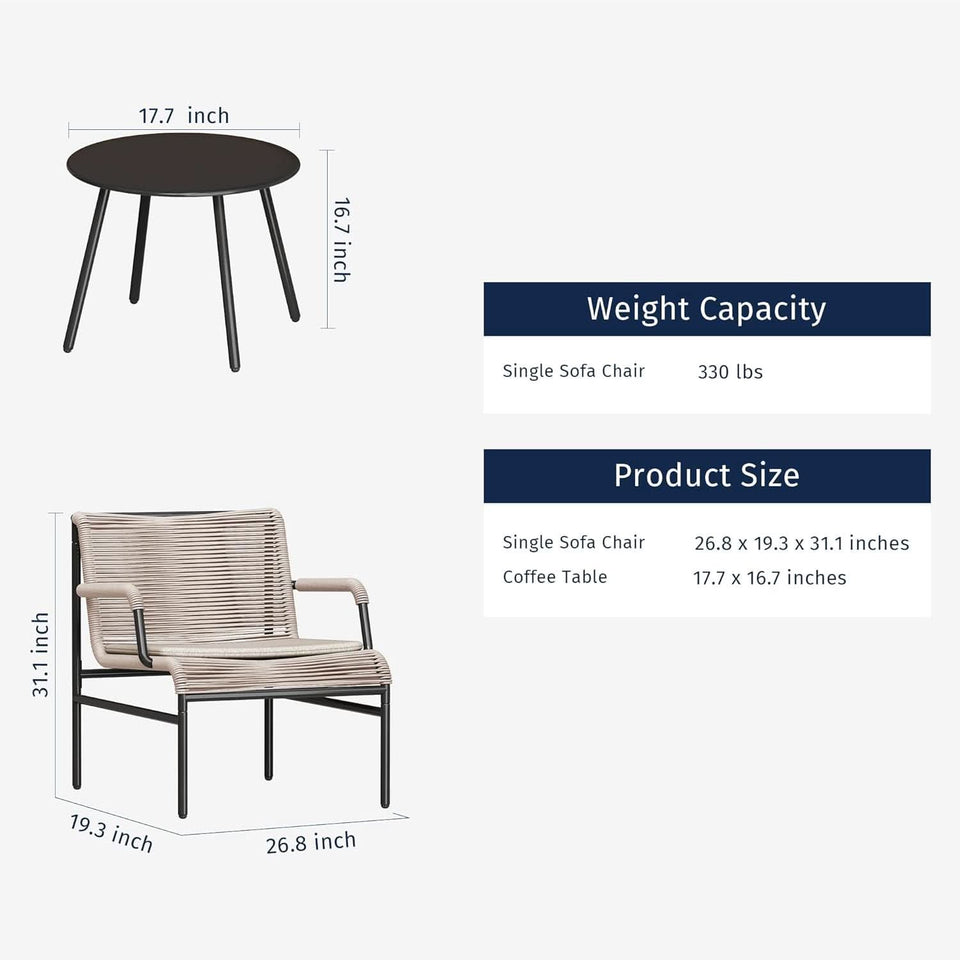 Modern 3-Piece Outdoor Bistro Set with Wide Chairs