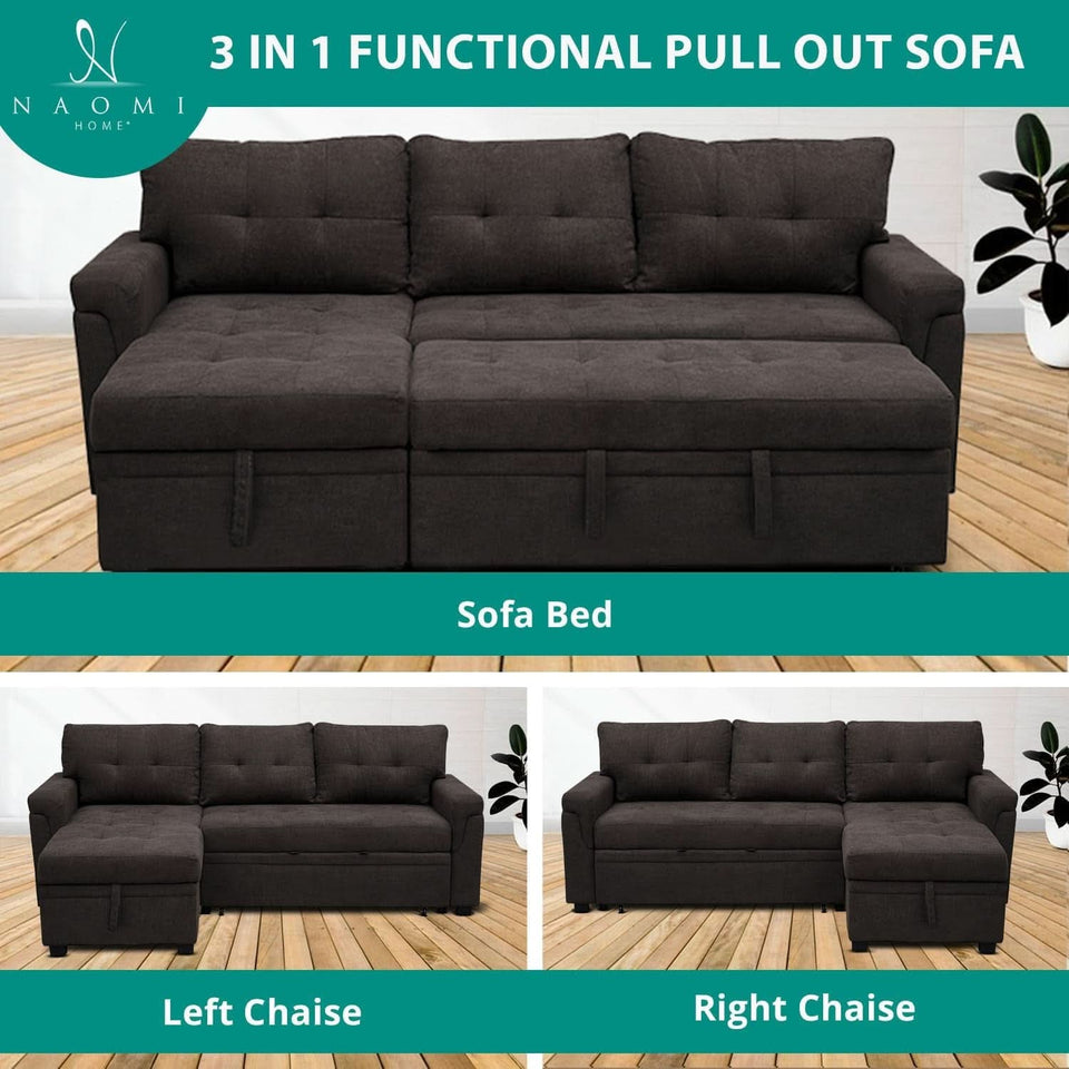 Espresso Velvet Sleeper Sectional Sofa Bed Chaise Set