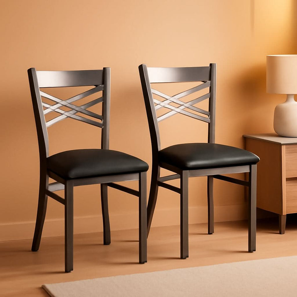 Two Pack Hercules Series Clear Coated X Back Metal Restaurant Chair Black Vinyl Seat