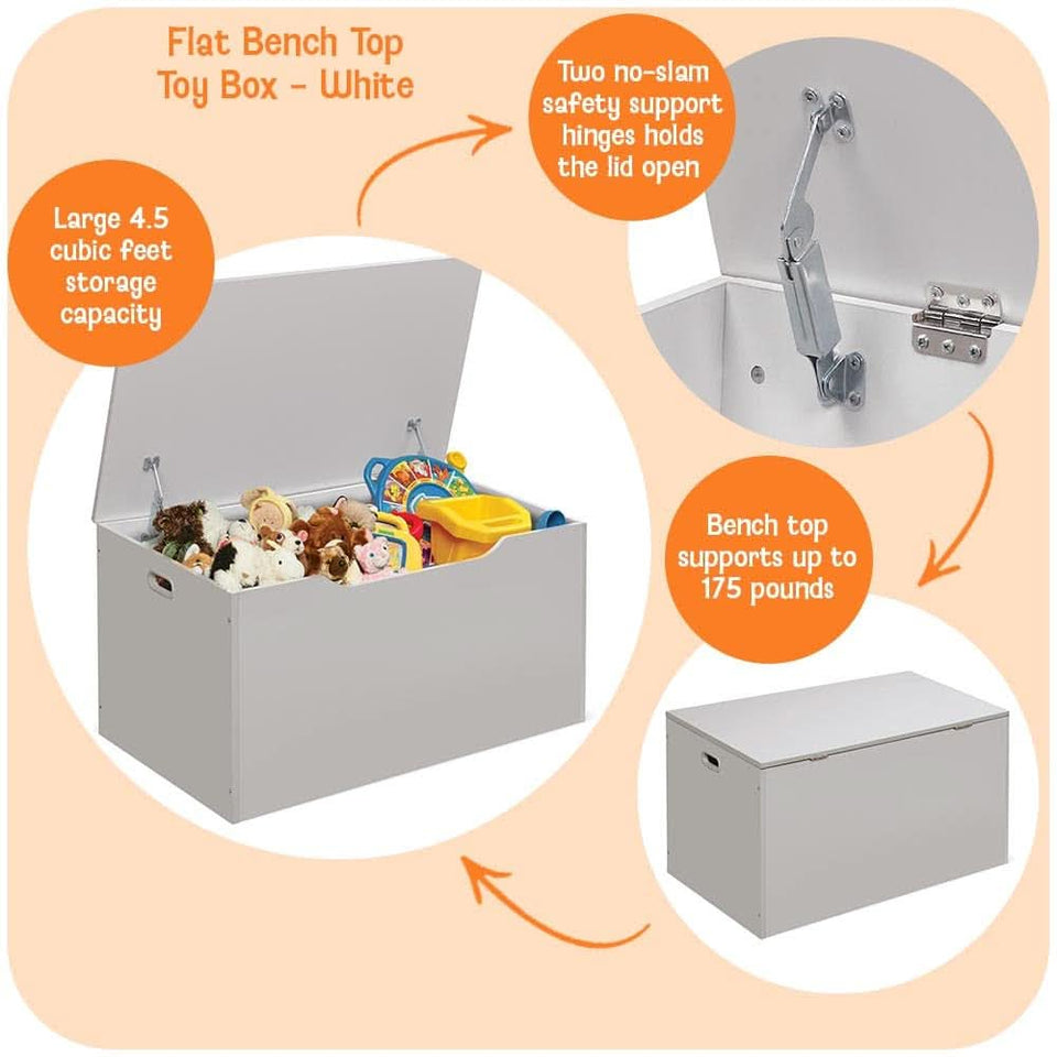 White Toy Storage Chest Bench FourCubicFeet FlipTopLid
