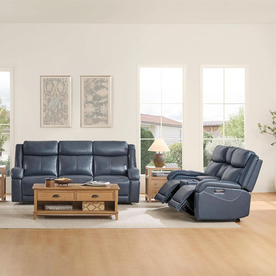 Navy Genuine Leather Power Recliner Sofa With USB Type C