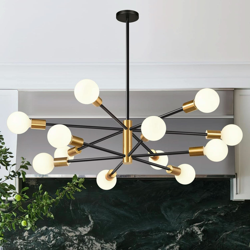 33 Inch Modern Black Gold Chandelier 12 Light Adjustable