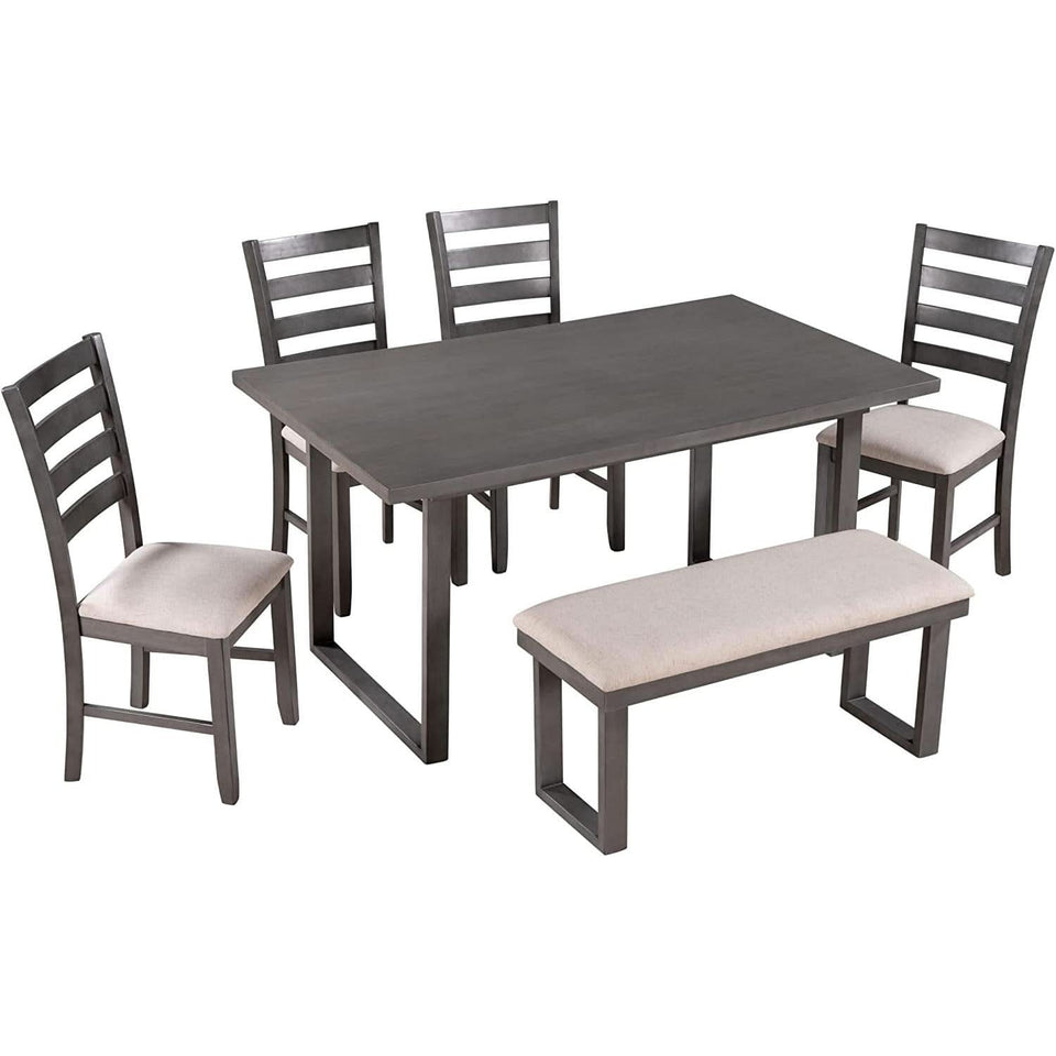 6 Piece Rustic Wood Dining Table Set With Bench And Chairs