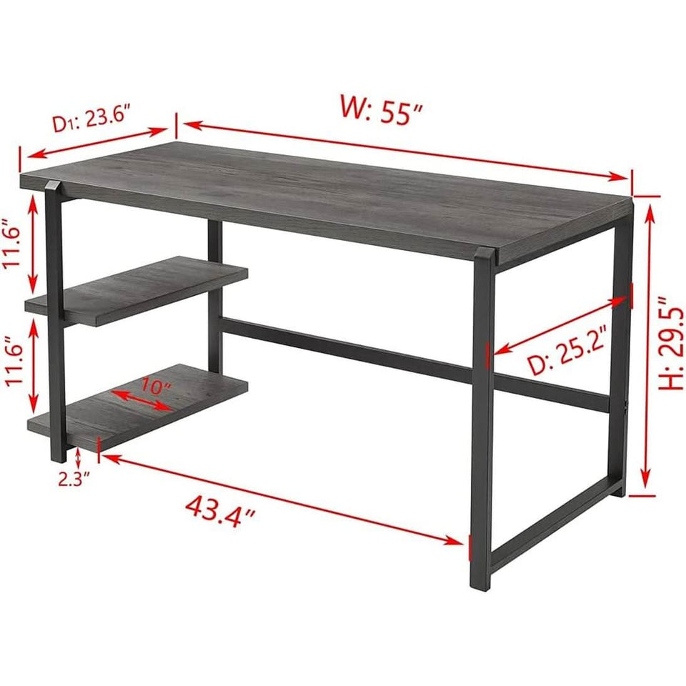 Grey Wood Rustic Industrial Computer Desk With Two Shelves