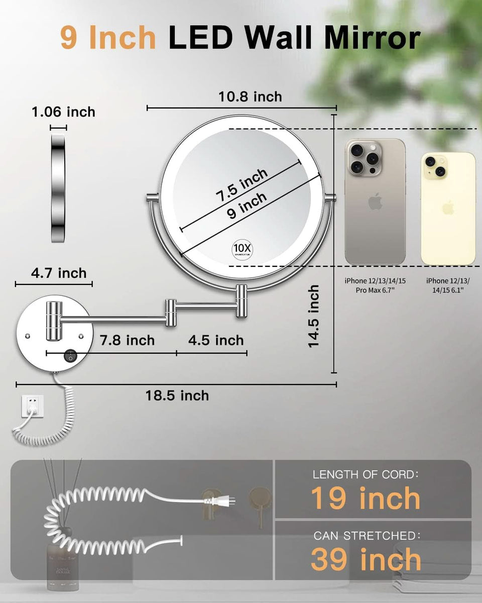 9 Inch Wall Mounted Lighted Magnifying Mirror 1X 10X LED