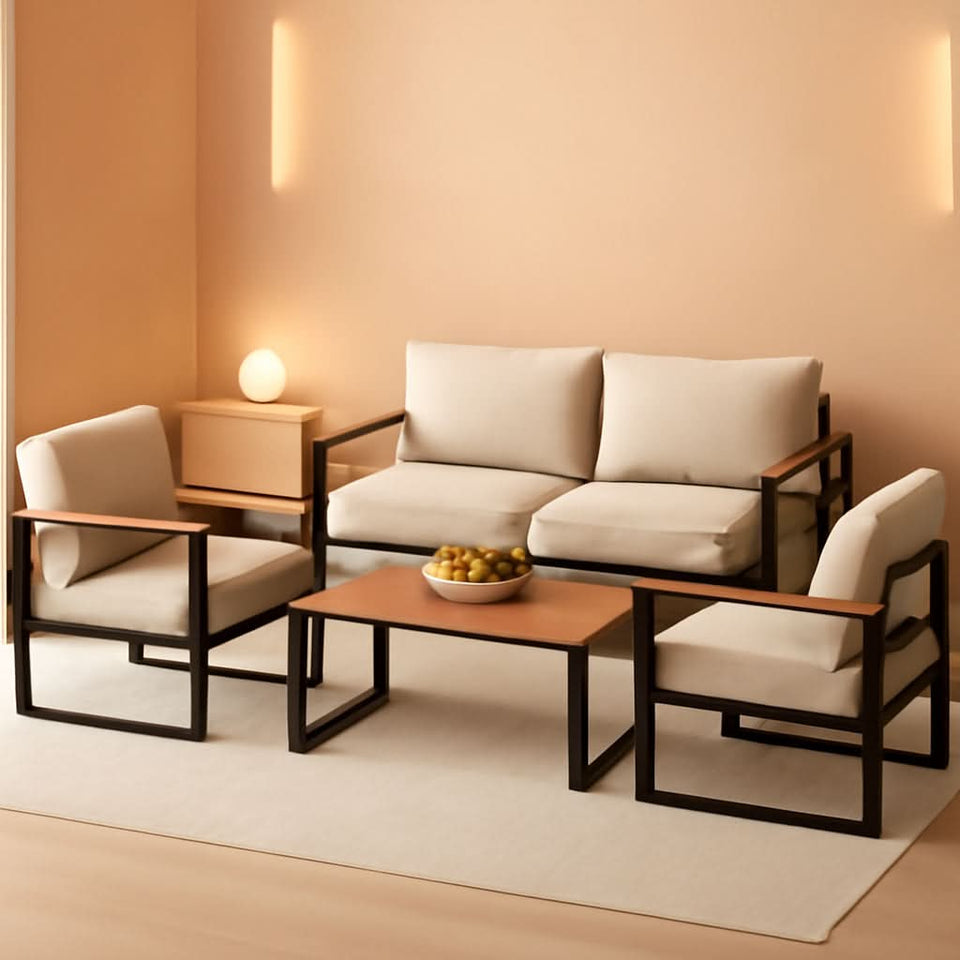 4 Piece Patio Set With Coffee Table Beige Metal Frames And Washable Cushions