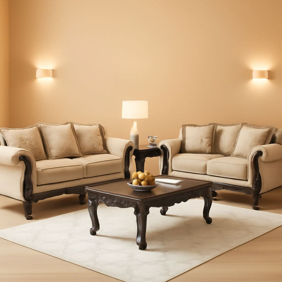 Hernen Carved Wood Frame 5Piece Living Room Set Beige Wheat