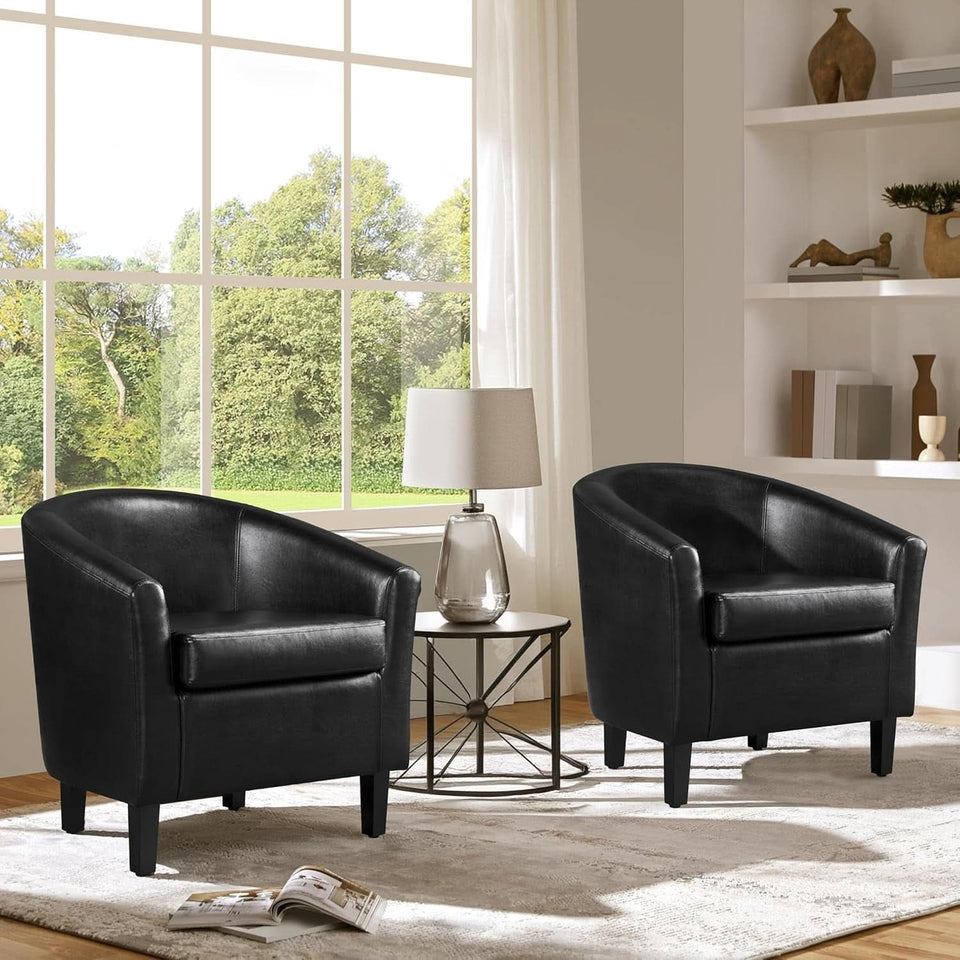 Black Synthetic Leather Barrel Armchairs With Cushions