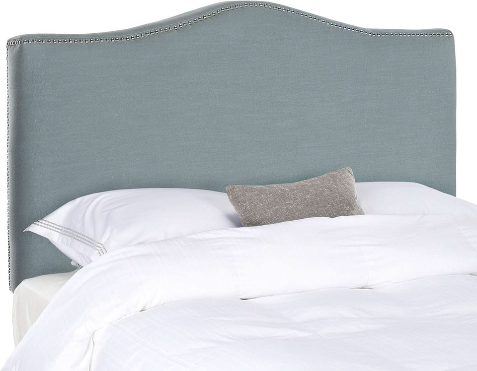 Sky Blue Upholstered Camelback Headboard With Silver Nailhead
