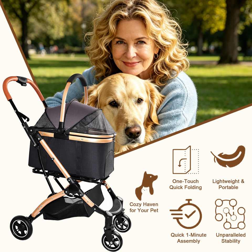 2-in-1 Foldable Pet Stroller with Detachable Carrier and Sun Canopy - Gray