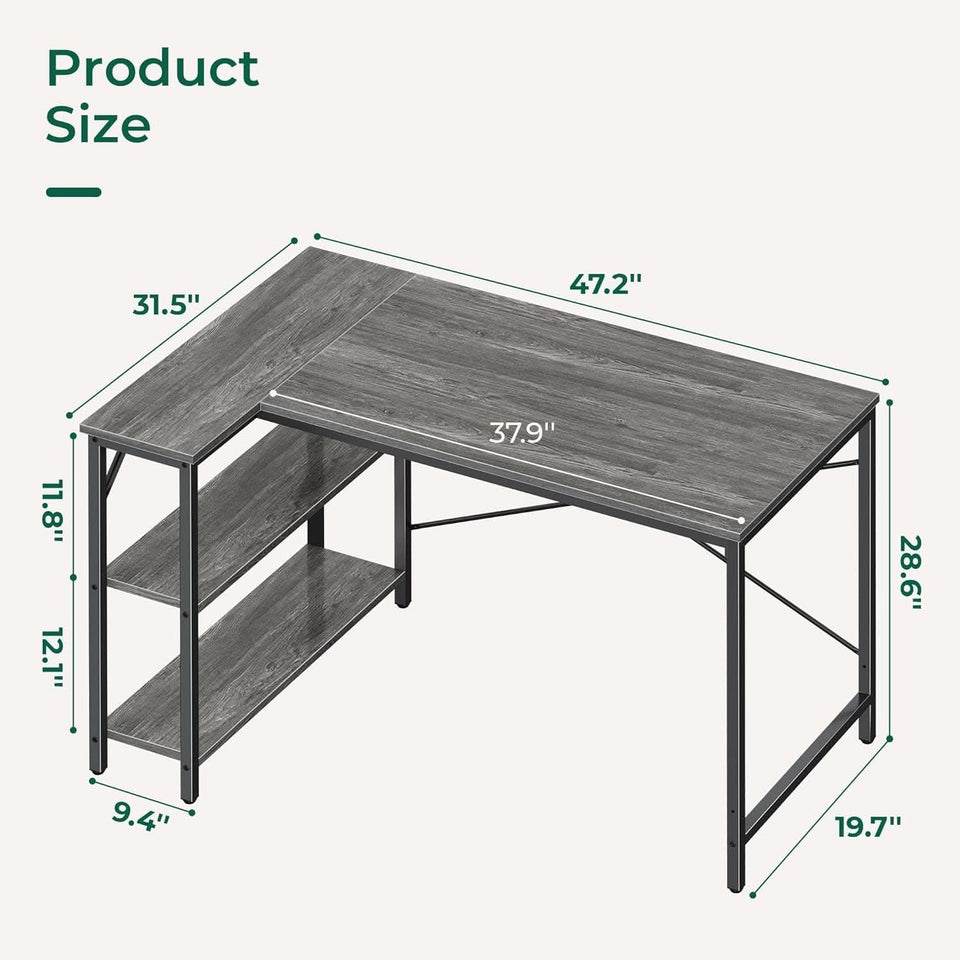 L Shaped Desk 47 Inch Gray With Reversible Shelves Metal Frame
