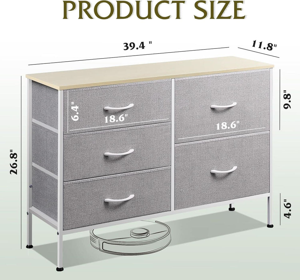 Light Grey Fabric Dresser With 5 Drawers And Drawer Organizers