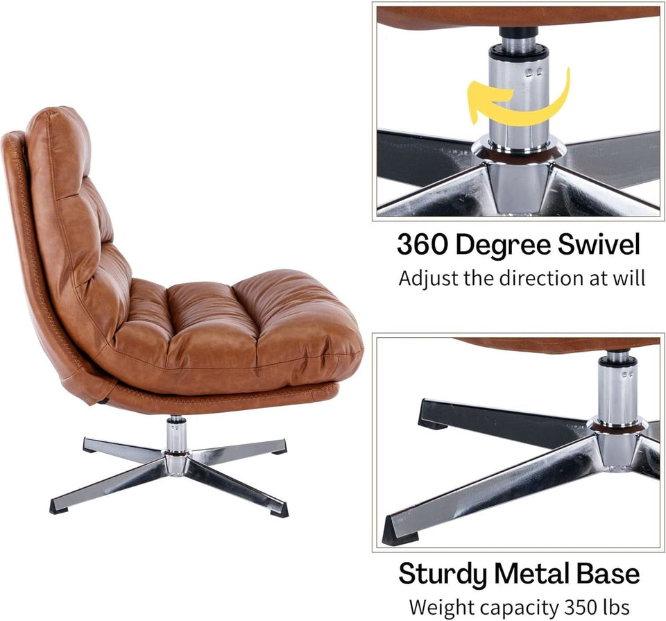 Brown Upholstered Faux Leather Swivel Chair Ottoman