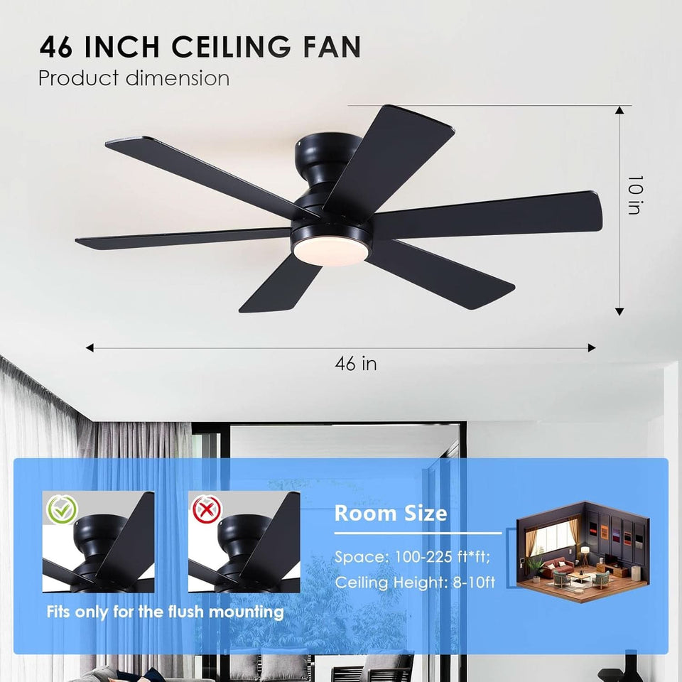 46 Inch Black Ceiling Fan With Dimmable LED Remote