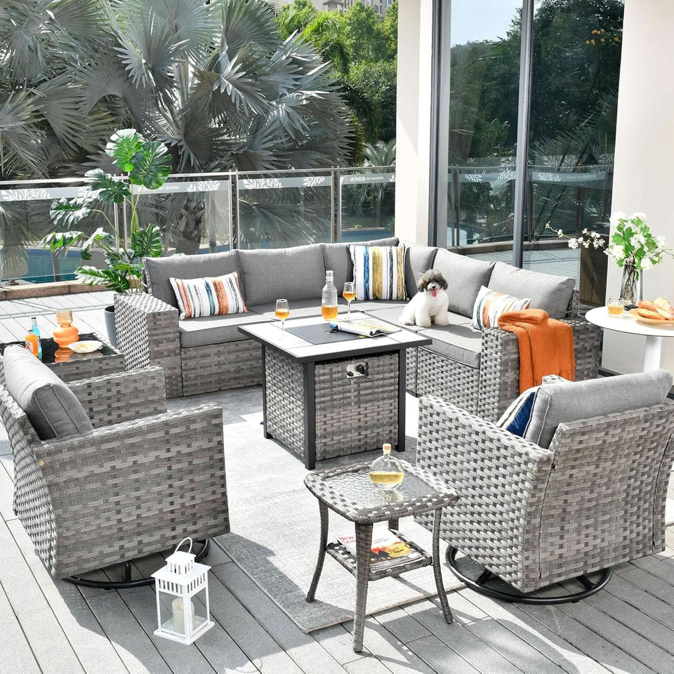 Modular Outdoor Wicker Sofa Set with Fire Pit