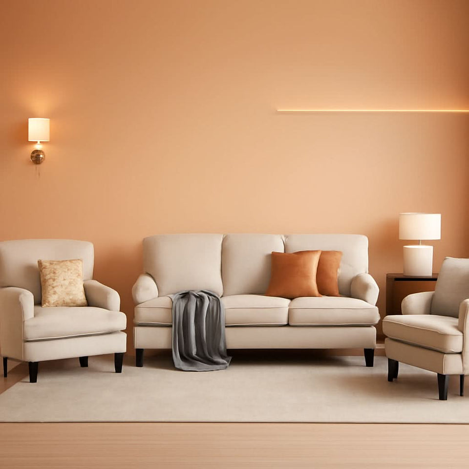 Three Piece Living Room Furniture Set With Linen Fabric Loveseat And Two Accent Chairs Off White