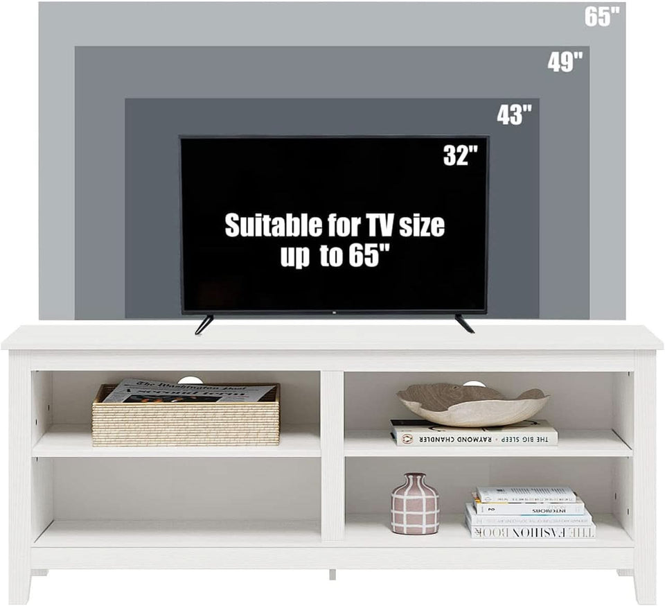 65 Inch TV Stand With Open Storage Shelves White Cabinet