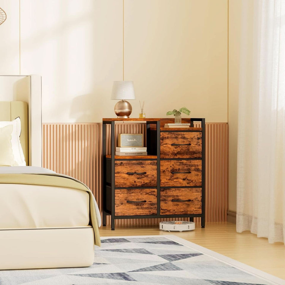 5 Drawer Rustic Brown Dresser With Metal Frame For Bedroom