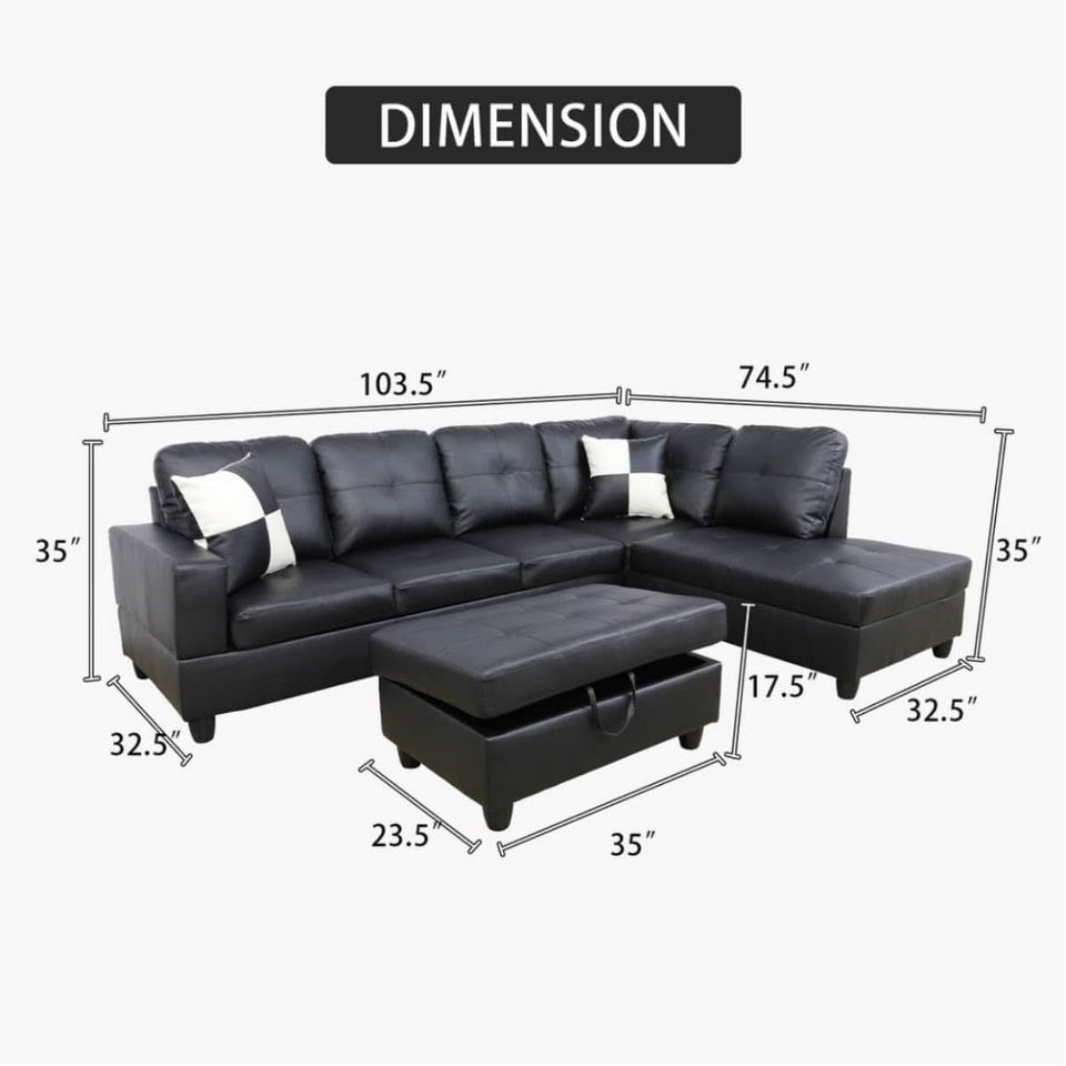 Black L Shaped 3 Piece Faux Leather Sofa Set With Storage Ottoman