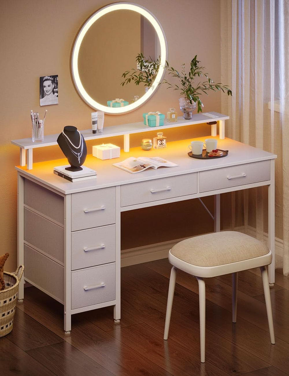39 Inch Computer Desk Power Outlets LED Light White