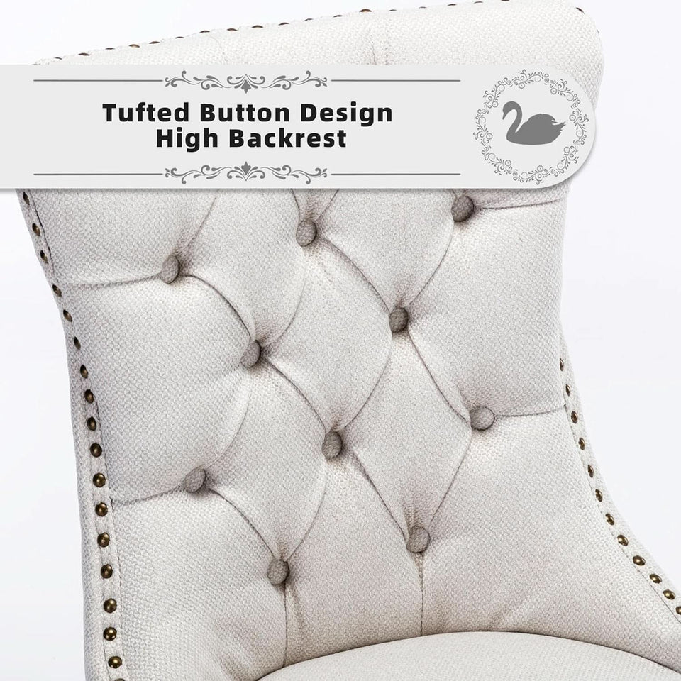 Beige Linen Dining Chairs Set Of 4 With Nailhead Trim