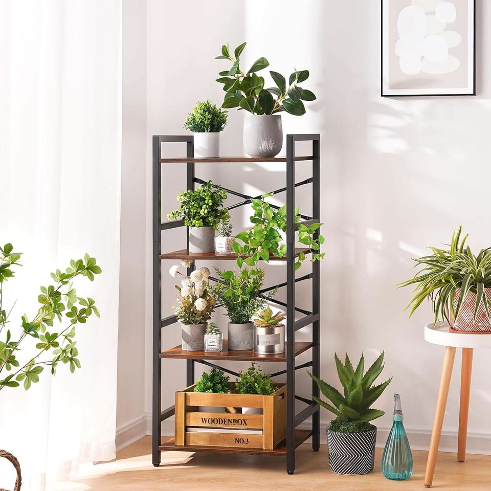 Industrial 4 Tier Narrow Bookcase Berry Brown Space Saving