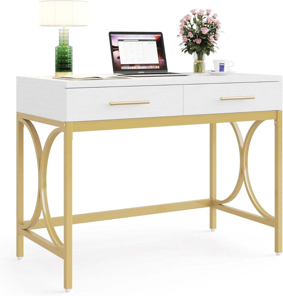 41 Inch White And Gold Computer Desk With 2 Drawers