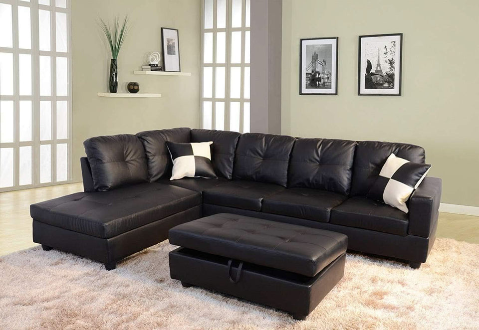 Faux Leather Sectional Sofa With Chaise Black For Living