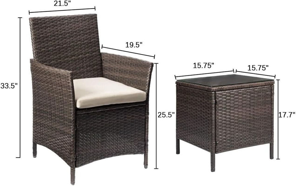 3 Piece PE Rattan Patio Set With Glass Table Brown
