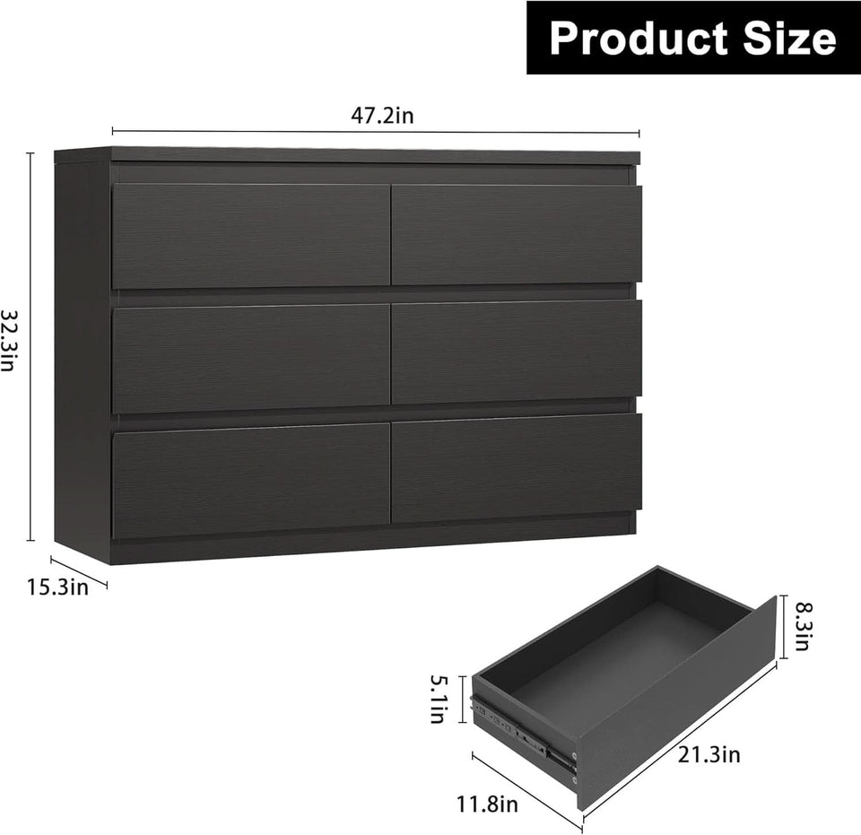 Black Six Drawers Solid Wood Dresser Sturdy Construction