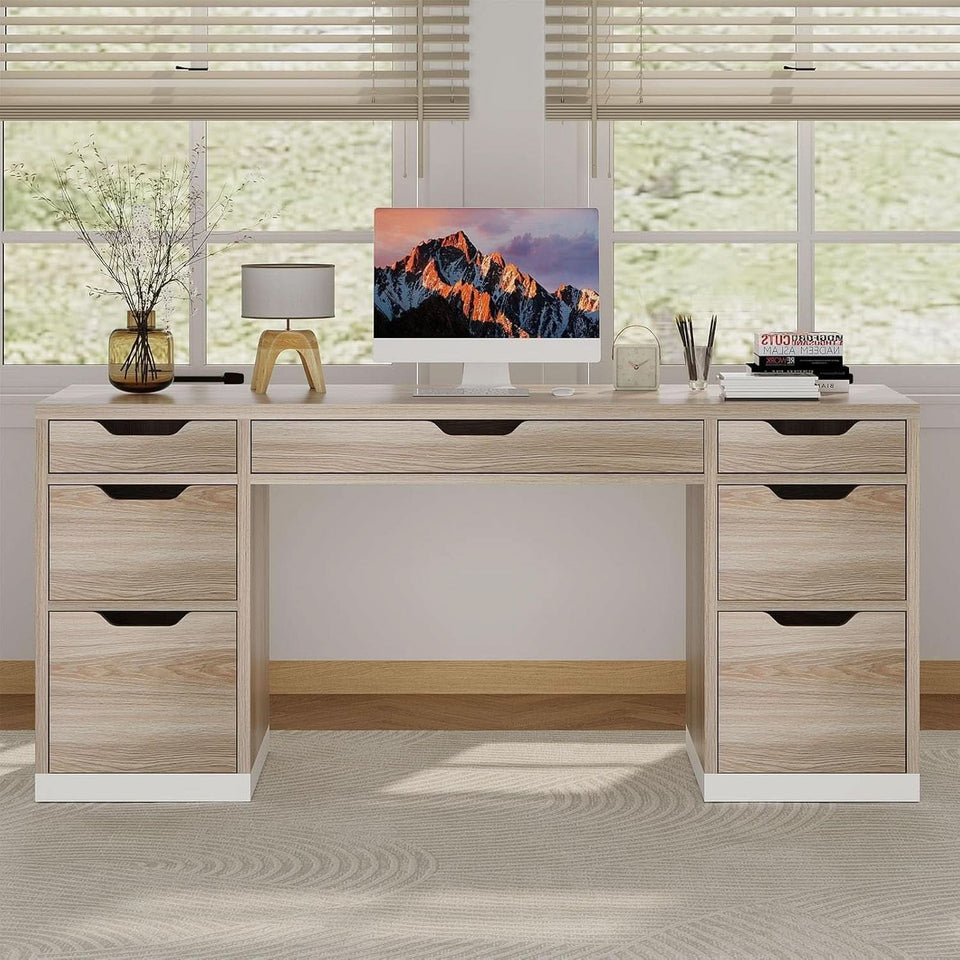 54 Inch Computer Desk With Storage Drawers White Walnut