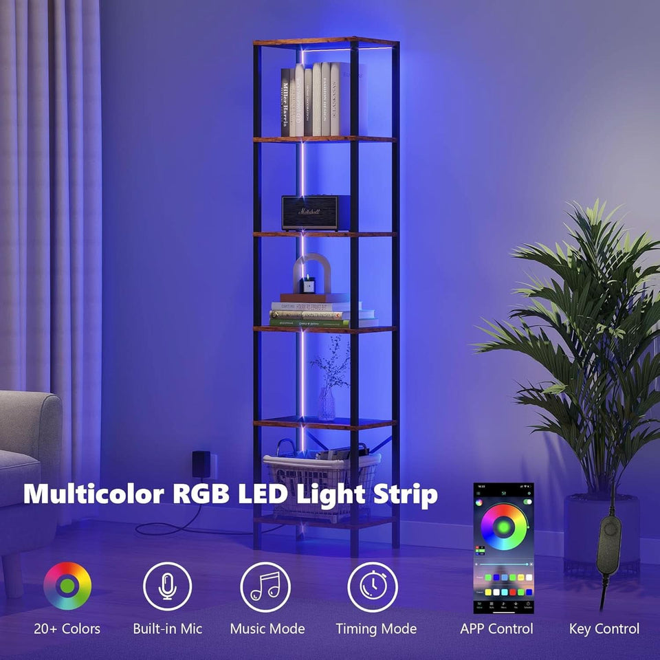 6 Tier Bookshelf With LED Lights In Rustic Brown Living Room