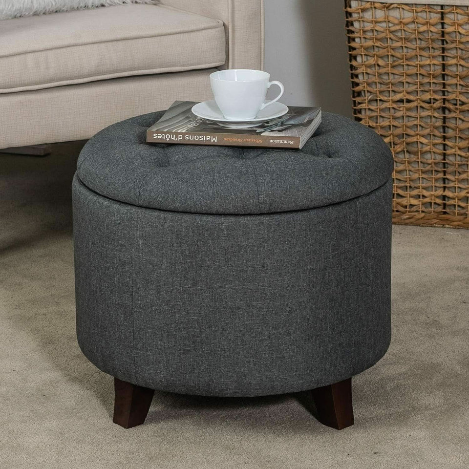 Gray Fabric Round Storage Ottoman With Button Tufting