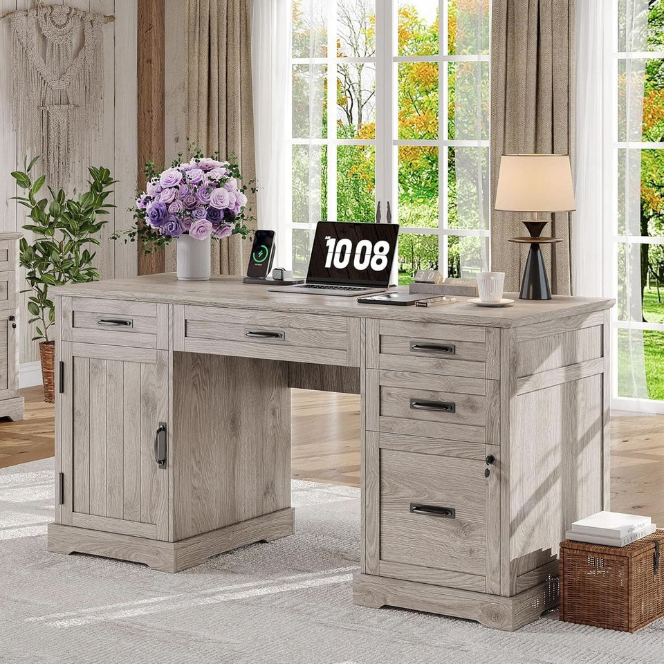 55 Inch Farmhouse Desk White Wash Gray Home Office