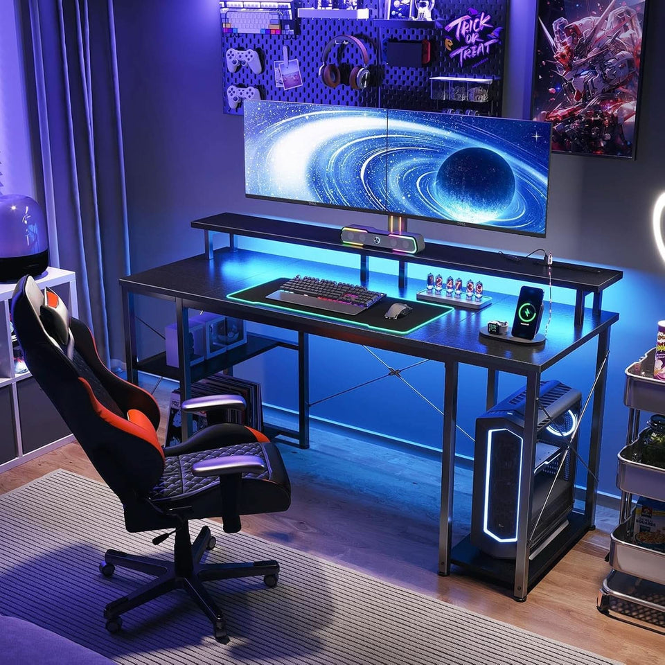 55 Inch Gaming Desk With Power Outlets For Home Office