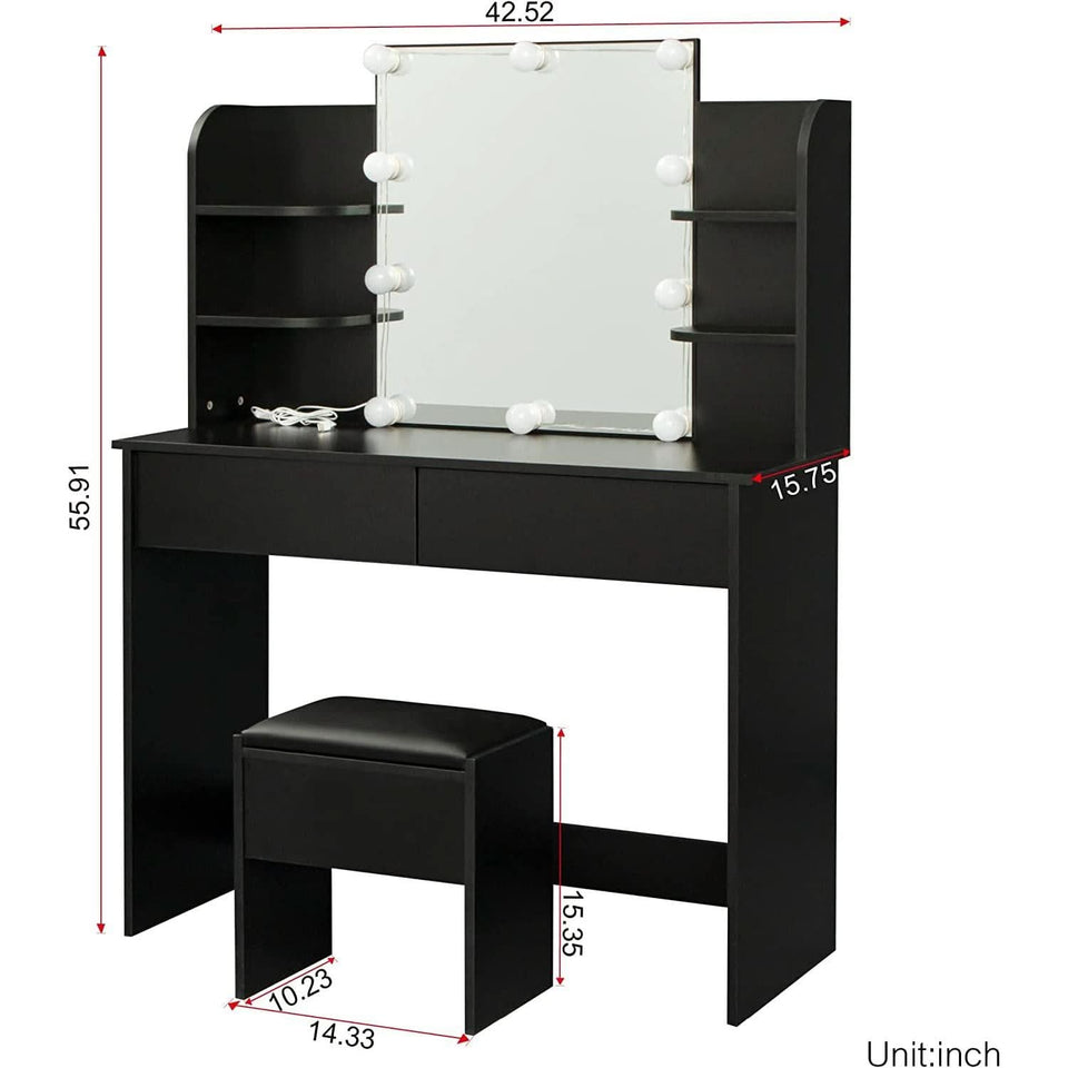 Black Vanity Set With 10 Lights For Bedroom Storage