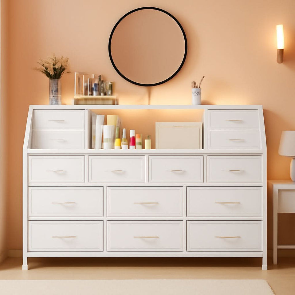 55 Inch Wide TV Stand Dresser 14 Drawers White Finish