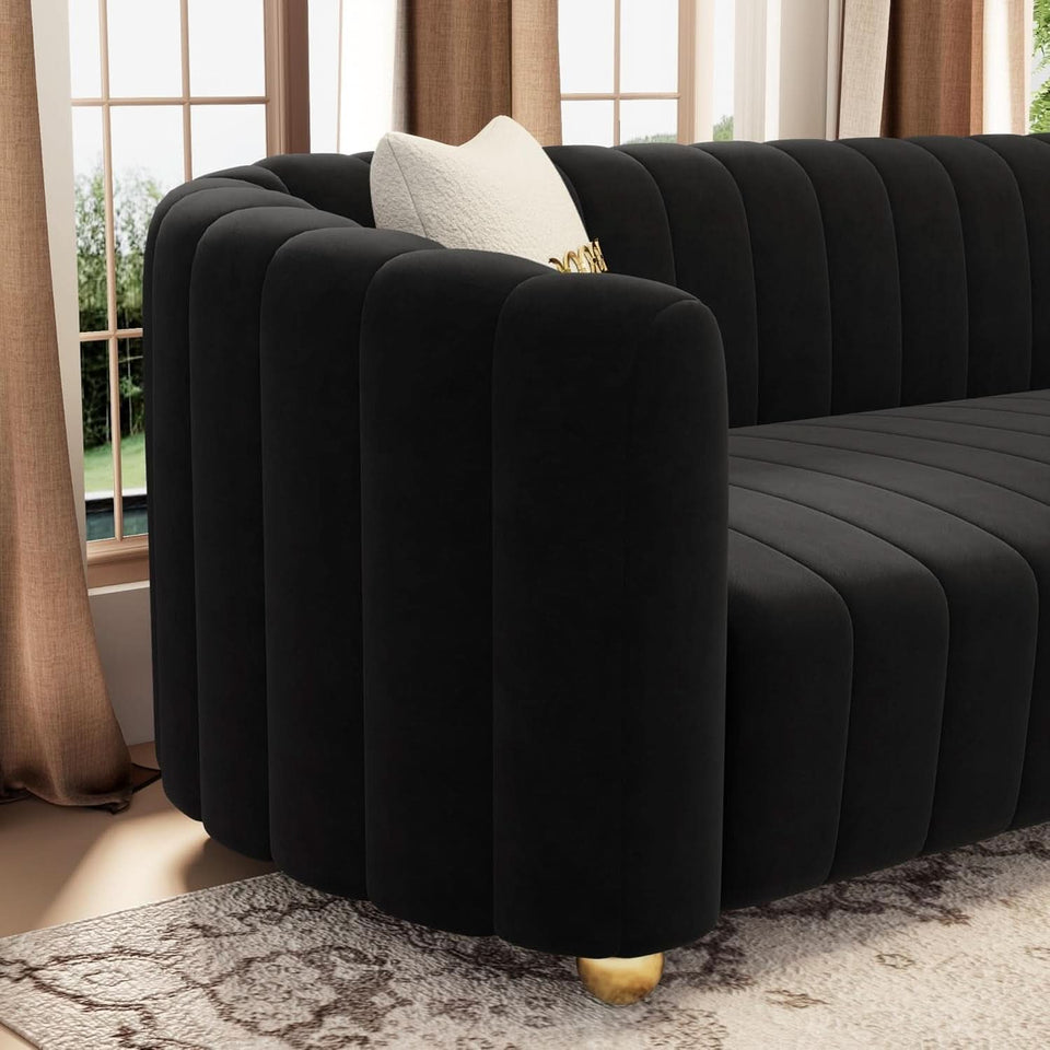 Black Velvet Tufted Sofa Set 3 Piece With Gold Metal Legs