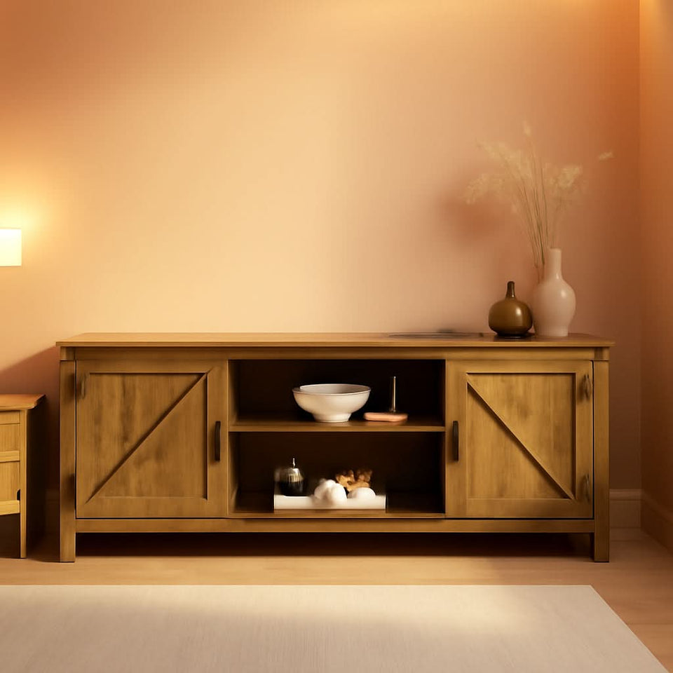 Rustic Oak TV Stand With Double Barn Doors Up To 80 Inch