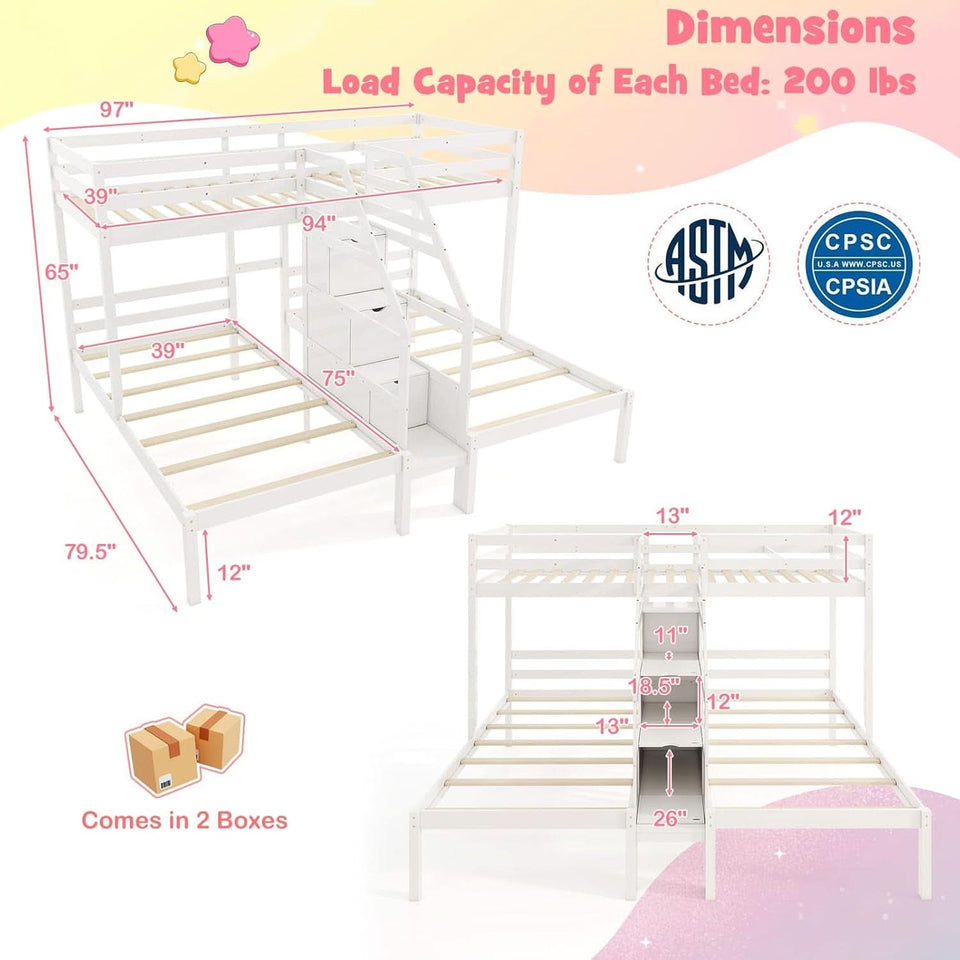 White Solid Wood Triple Bunk Bed With Storage Stair