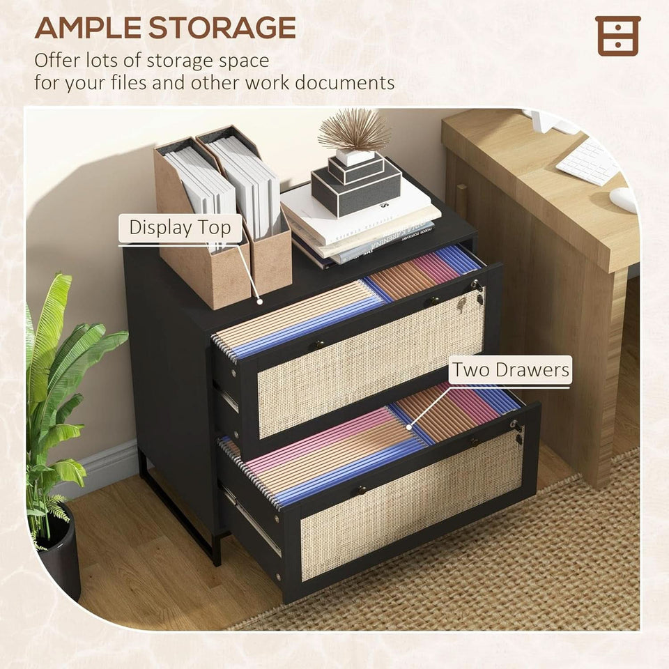 Rattan Drawer File Cabinet With Lock For Letter A4 Legal Files Printer Stand Black