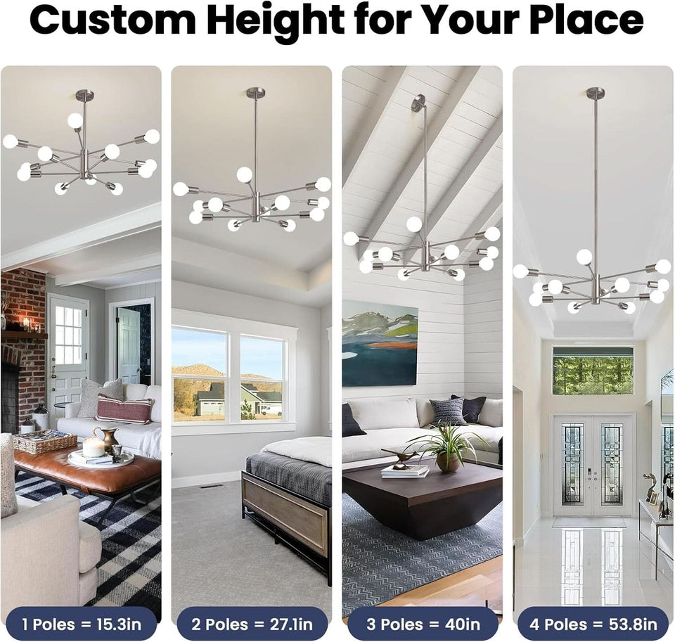 Sputnik 12 Light Brushed Nickel Chandelier For Dining Room