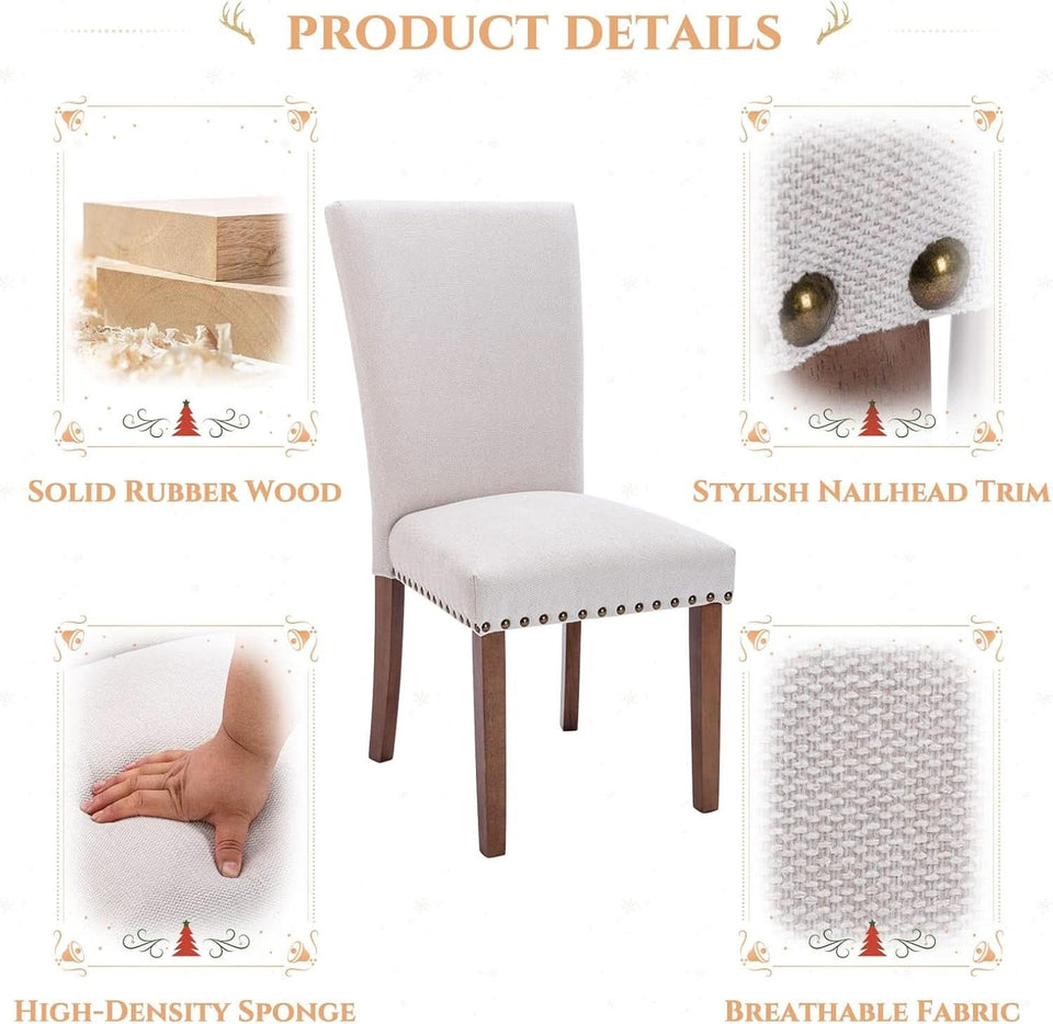 Parsons Dining Chairs Beige Upholstered Nailhead Set of 4
