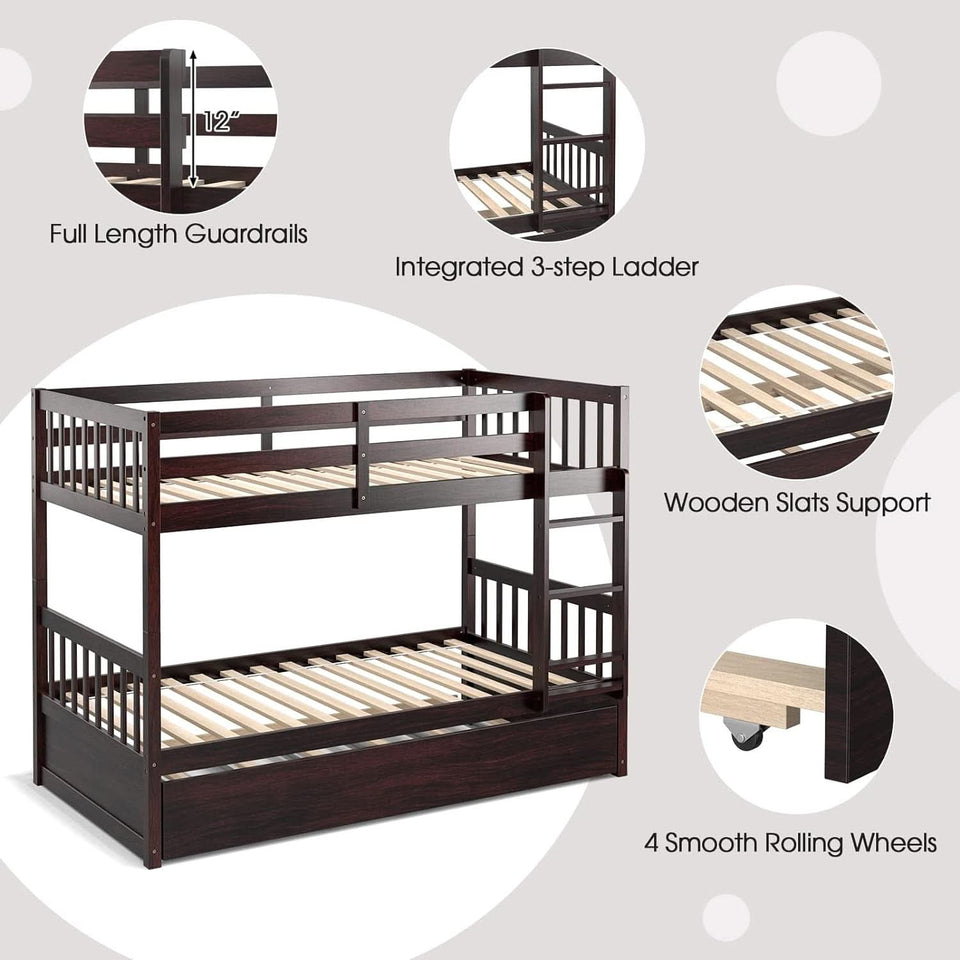 Twin Over Twin Bunk Bed With Trundle In Espresso Solid Wood