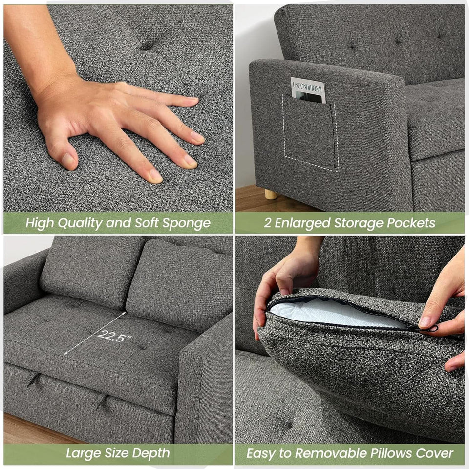 Sleeper Sofa Bed, 3-In-1 Convertible Sofa Chair, Linen Fabric Pull Out Couch Bed, Loveseat Sleeper with Spring Support, Adjustable Backrest, 2 Seater Recliner Chair for Small Space, Dark Grey
