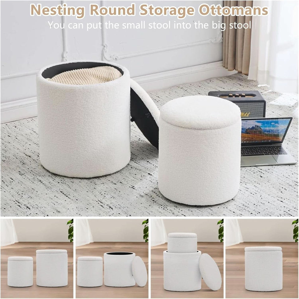 White Round Boucle Velvet Upholstered Storage Ottoman