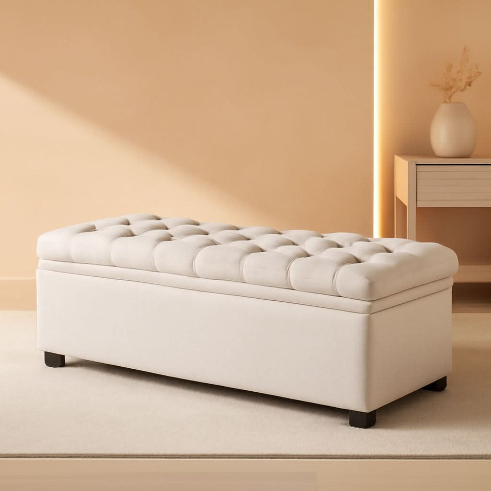 50 Inch Beige Tufted Storage Ottoman Bench Upholstered