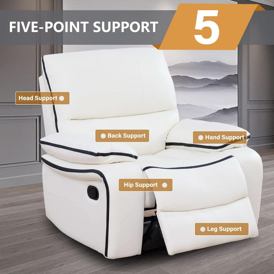 Cream White Bonded Leather Recliner Sofa Set With Manual Recliner